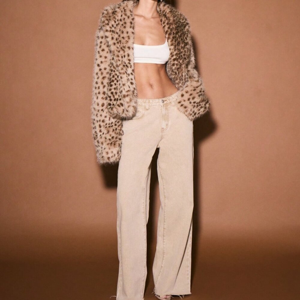 Mocha Brown Casual Women's Luxurious Faux Fur Leopard Coat - Picture 3 of 4